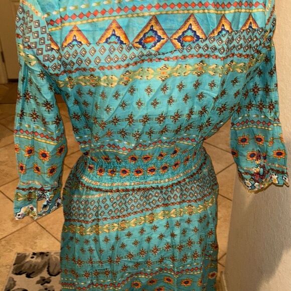 Guadalupe Size M Monaco Midi Dress Turquoise Bohemian Coastal Mediterranean NWT - Picture 10 of 14